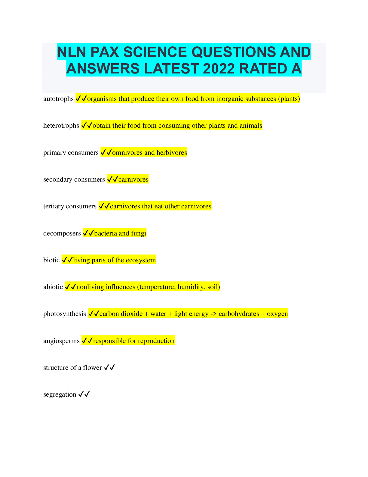 Preview image for NLN PAX SCIENCE QUESTIONS AND ANSWERS LATEST 2022 RATED A